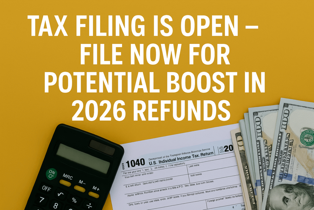 Flat-lay of a 1040 tax form, calculator, and hundred-dollar bills on a yellow background with text saying ‘Tax Filing Is Open – File Now for Potential Boost in 2026 Refunds.