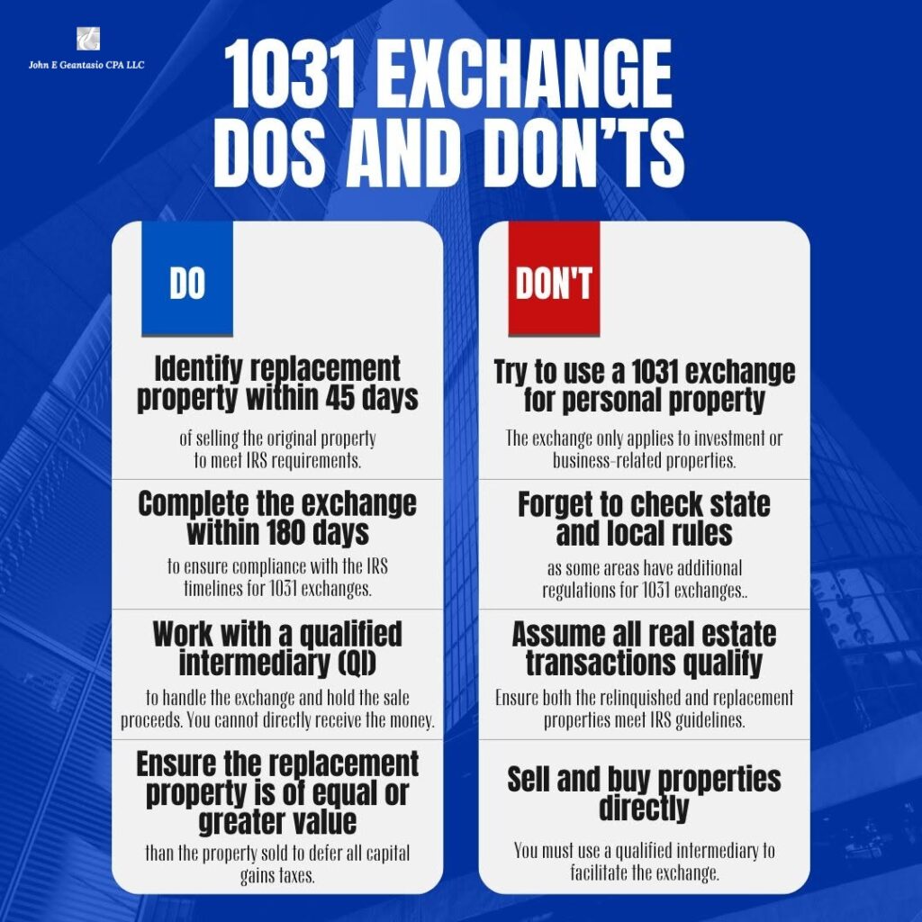 1031 Exchange Dos and Don’ts infographic highlights IRS rules for tax planning. Key points include identifying replacement property within 45 days, using intermediaries, and avoiding personal property exchanges.