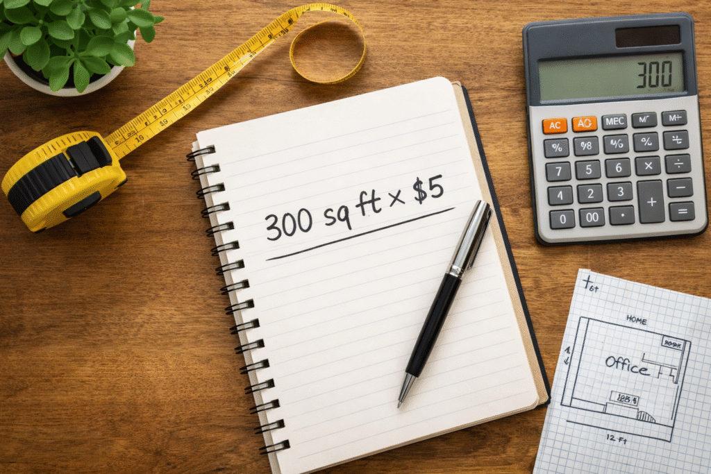 Overhead desk view with measuring tape, calculator showing 300, notebook reading “300 sq ft × $5,” and floor plan sketch illustrating IRS simplified home office deduction calculation for 2026.