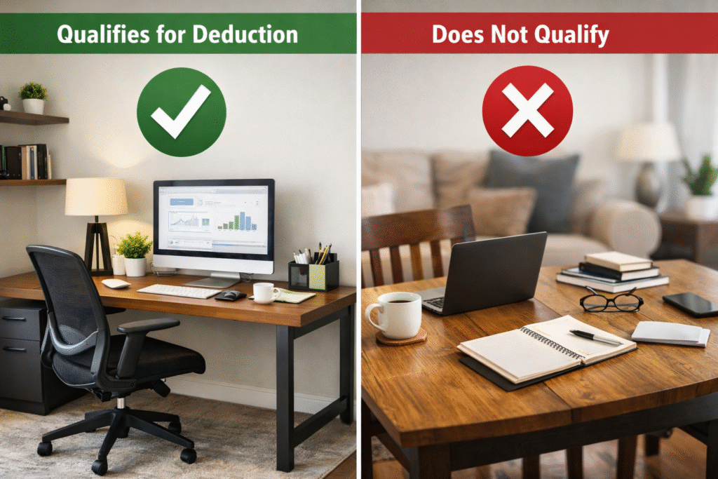 Split image showing a qualifying home office with a dedicated desk and chair on the left, and a dining table workspace with personal items on the right to illustrate IRS regular and exclusive use rules for the 2026 home office deduction.