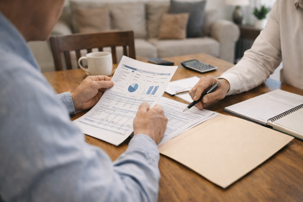 Close-up of two professionals reviewing financial documents at a desk, with a tax advisor pointing to paperwork during a private consultation, illustrating strategic tax planning discussion.