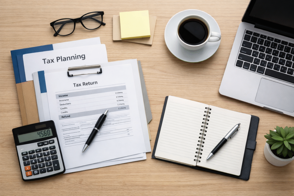 Organized tax planning workspace with documents, notebook, calculator, and laptop on a clean desk, representing professional tax planning services in New Jersey.
