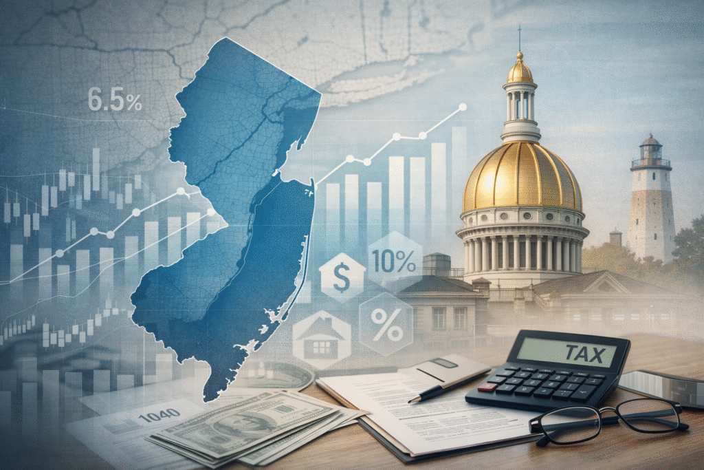 New Jersey map with financial charts and state landmarks illustrating state-specific tax planning strategies in New Jersey.