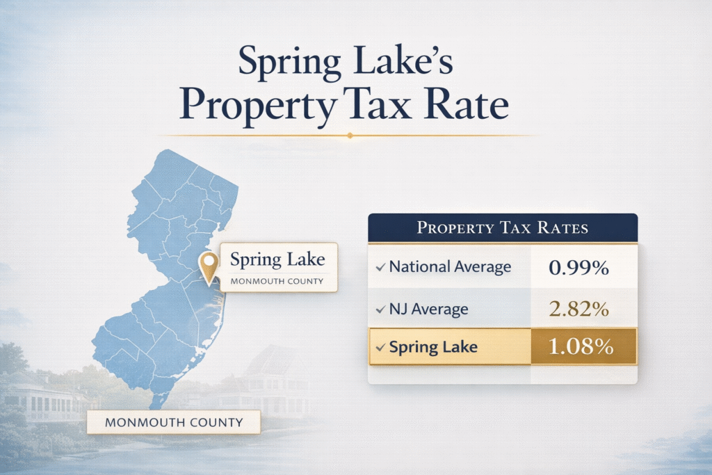 Infographic showing a map of New Jersey with Monmouth County highlighted and a comparison chart of property tax rates displaying National Average (0.99%), New Jersey Average (2.82%), and Spring Lake (1.08%) under the heading “Spring Lake’s Property Tax Rate.”