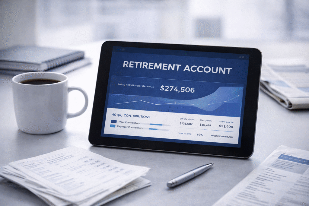 Tablet displaying a retirement account dashboard with contribution growth chart on screen, placed on a modern desk with coffee cup and clean workspace, representing 401(k) and IRA tax planning strategy for 2026.