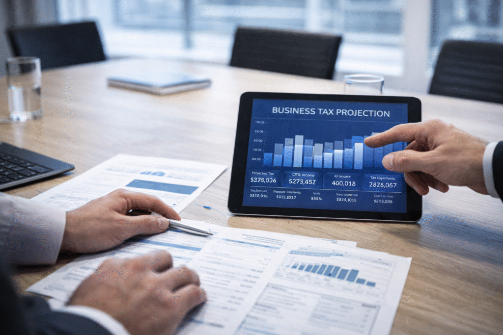 Advisor pointing to a business tax projection on a tablet while a business owner reviews printed financial reports in a modern conference room, with no faces visible.