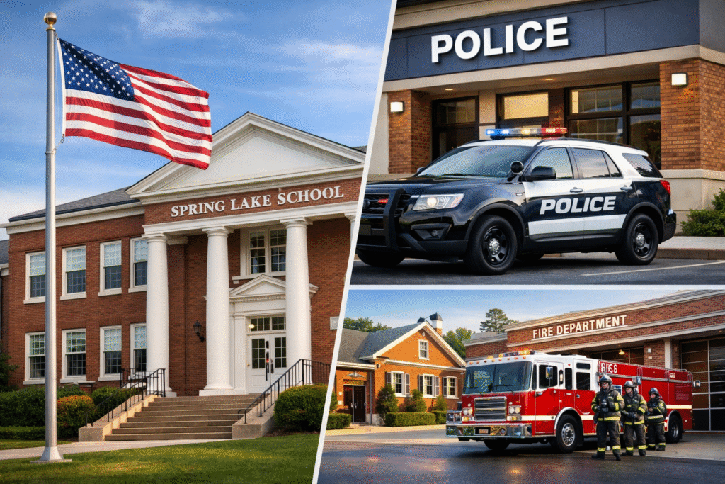 Composite image showing a public school building with an American flag and a local fire station, representing how Spring Lake property tax revenue funds schools, emergency services, and community infrastructure in New Jersey