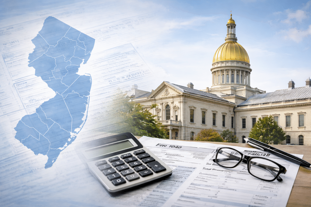 New Jersey State House with gold dome alongside a subtle outline of the state map and financial documents, representing state-specific property tax considerations and planning in New Jersey.