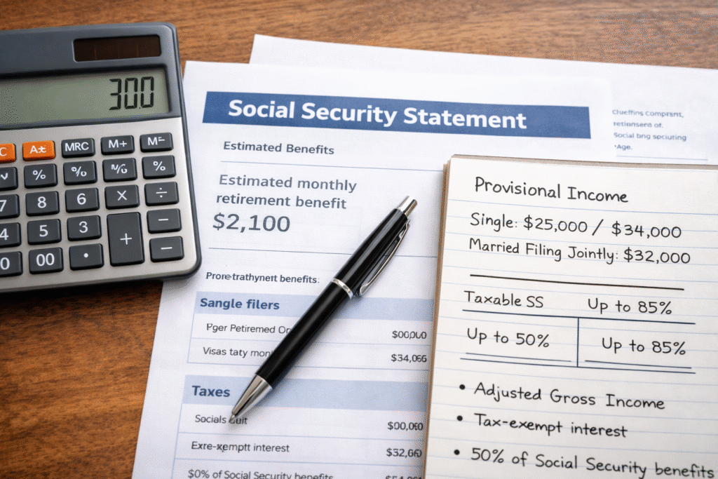 Close-up of a Social Security benefits statement placed on a desk beside a calculator, pen, and notepad showing a handwritten provisional income breakdown calculation, illustrating how Social Security benefits are taxed at the federal level in 2026.