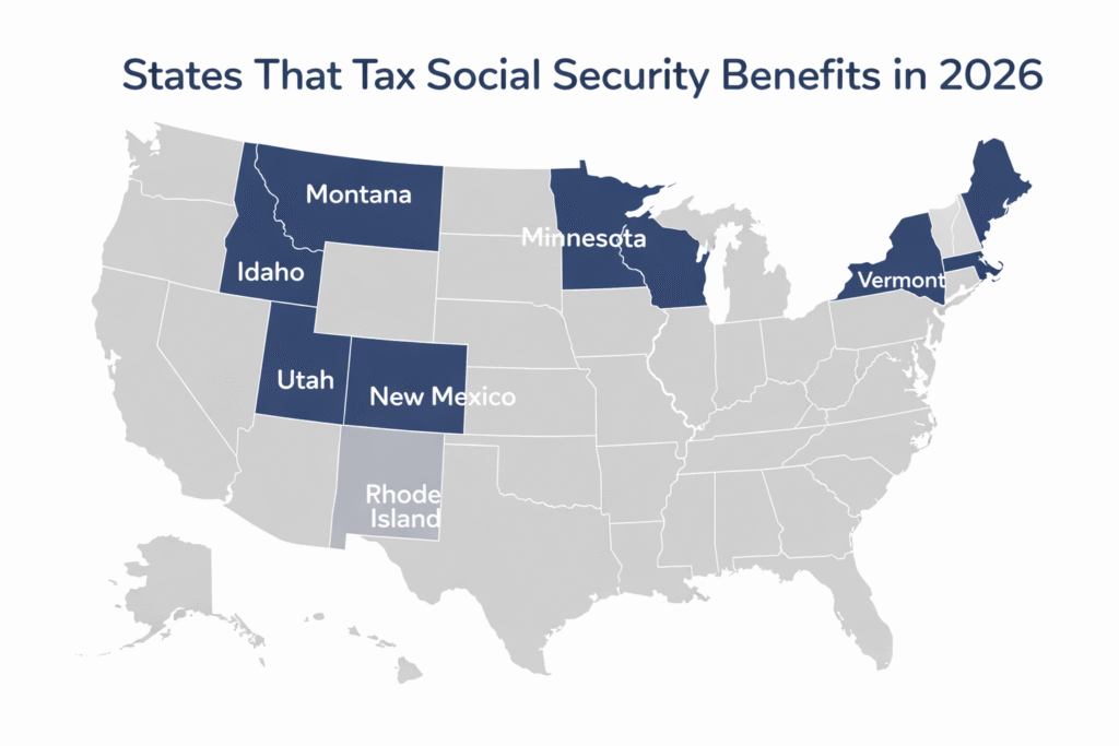 U.S. map highlighting the eight states that tax Social Security benefits in 2026 — Colorado, Connecticut, Minnesota, Montana, New Mexico, Rhode Island, Utah, and Vermont — with remaining states shown in light gray.