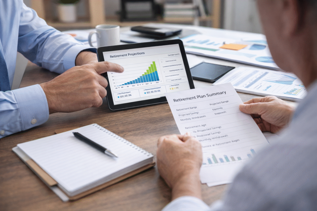 Financial advisor pointing at retirement projections on a tablet while a client reviews printed income planning documents in a modern office setting, illustrating strategic retirement tax planning discussion.