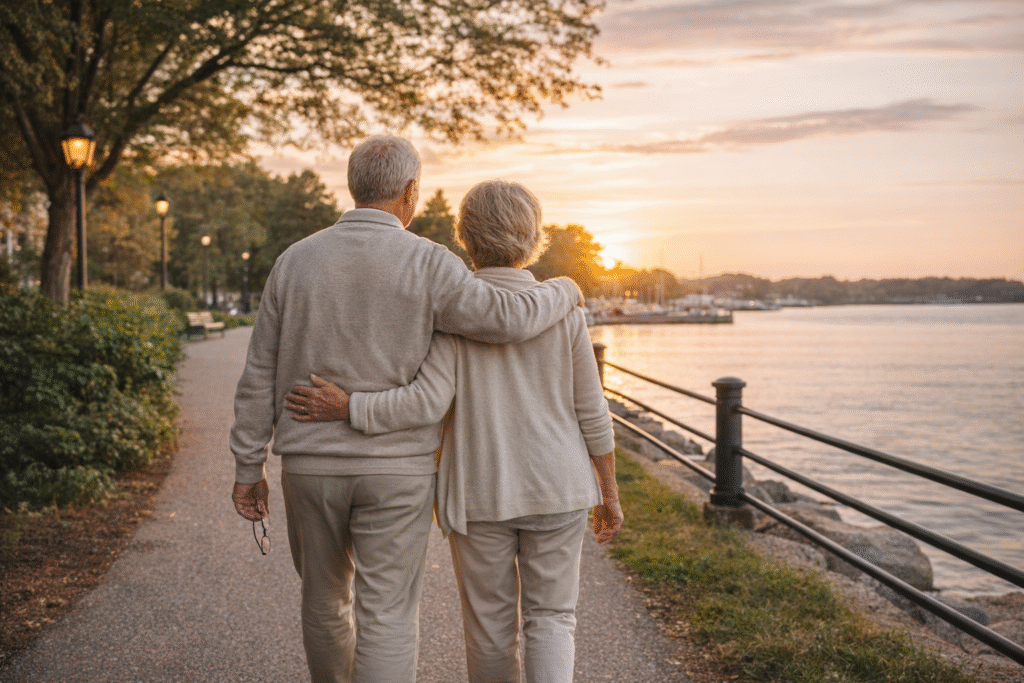 Older couple walking peacefully along a waterfront path at sunset, symbolizing financial security, retirement planning, and long-term peace of mind through smart tax strategy.
