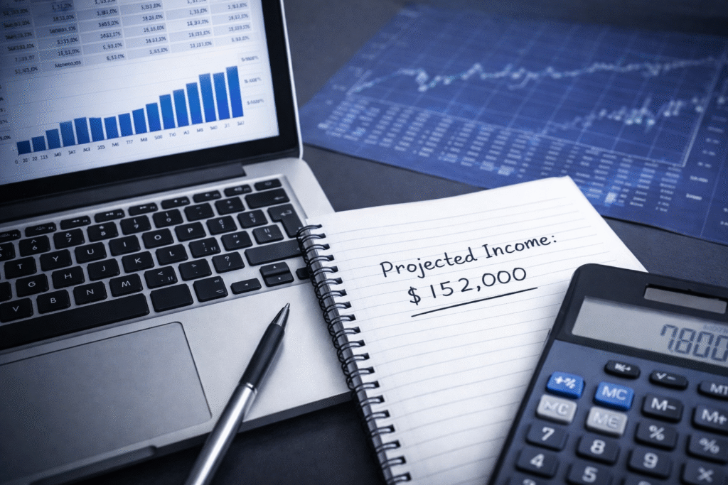 Close-up of financial planning workspace with laptop displaying income spreadsheet and growth chart, calculator, and notepad showing projected income calculation for tax bracket planning.