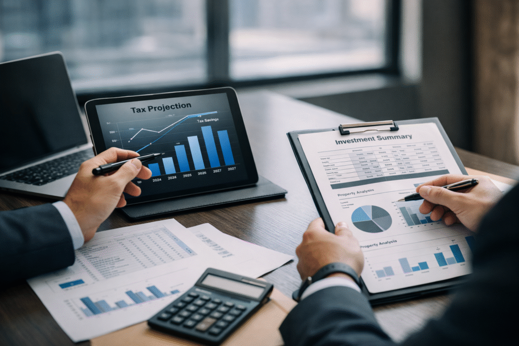 Advisor pointing at a tax projection chart on a tablet during a professional meeting while a client reviews printed investment reports in a modern conference room setting.