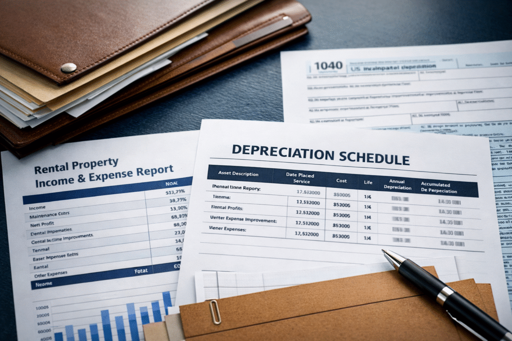 Close-up of a rental property financial report and detailed depreciation schedule beside a partially blurred IRS tax form, pen, and organized file folder on a desk, representing technical real estate tax planning and documentation.