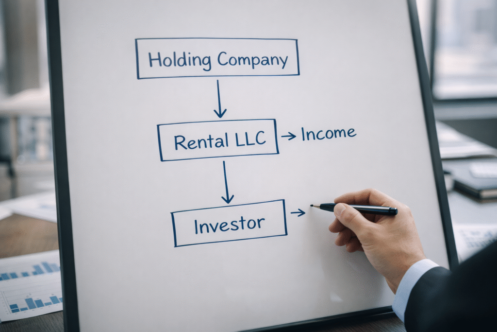 Whiteboard displaying an LLC entity structure diagram with arrows showing income flow from Holding Company to Rental LLC to Investor, arranged in a clean and minimal office setting.