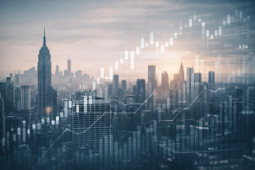 A digital composite image of a modern city skyline at dusk with subtle financial chart overlays in the sky, symbolizing strategic growth and stability. The scene features clean architectural lines, cool blue tones, and a premium, professional atmosphere—representing confidence, control, and long-term wealth planning before reviewing a real estate tax strategy.