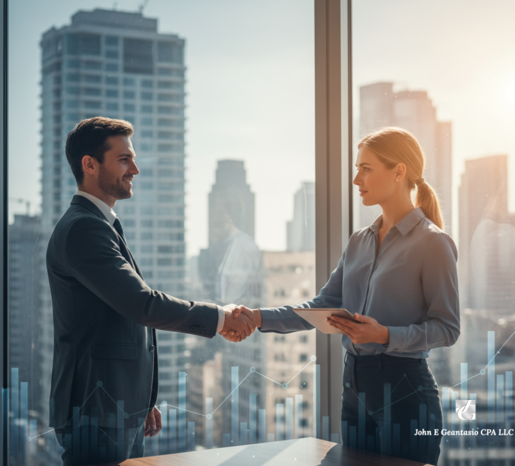 Real estate investor shaking hands with a tax advisor in a modern city office, symbolizing trust and partnership in real estate tax strategy and 1031 exchange planning