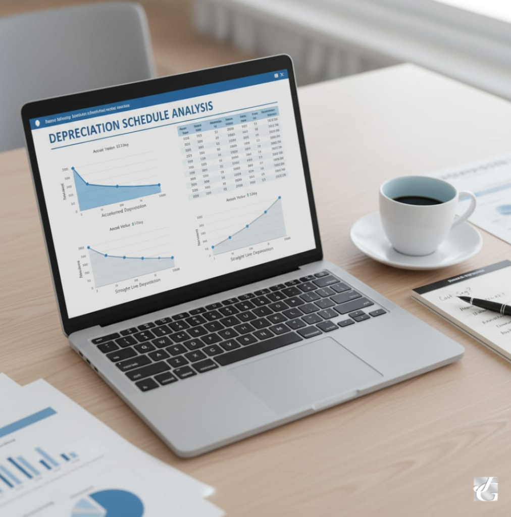 Open laptop displaying a depreciation schedule analysis with graphs comparing accelerated and straight-line depreciation, placed on a desk with financial documents, a coffee cup, and a notepad — concept of cost segregation and real estate tax planning.
