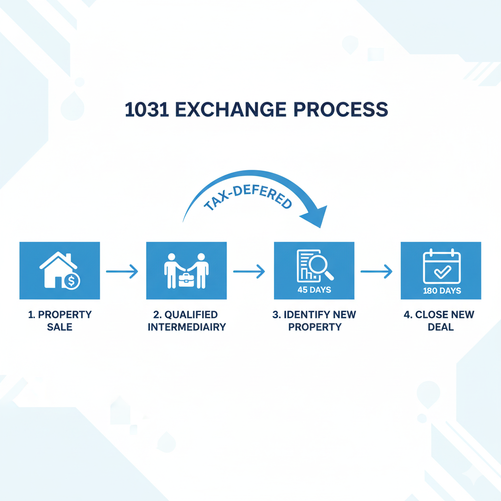 Infographic showing the 1031 exchange process with four steps — property sale, qualified intermediary, identify new property within 45 days, and close new deal within 180 days — illustrating how investors defer taxes through reinvestment.