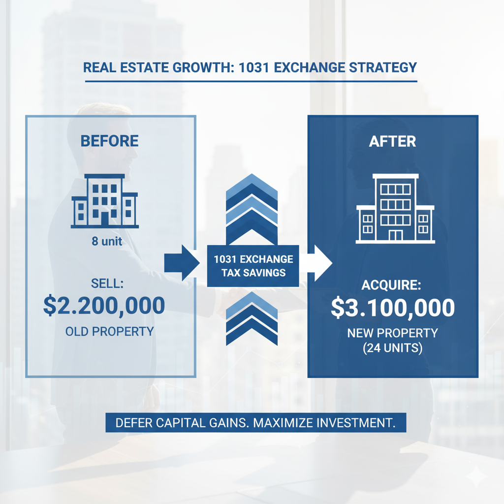 Infographic showing a 1031 exchange example: selling an 8-unit property for $2.2 million and acquiring a 24-unit property for $3.1 million through tax-deferred exchange savings, illustrating how investors defer capital gains and maximize reinvestment.