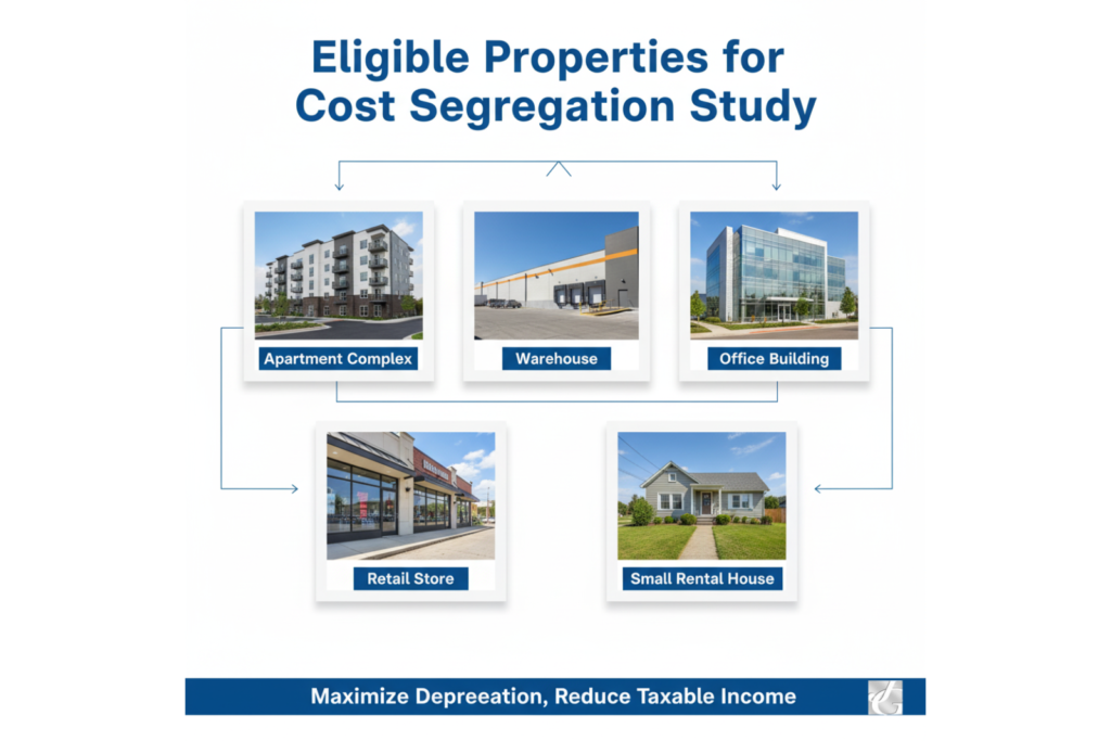 Infographic showing five types of real estate properties eligible for a cost segregation study — apartment complex, warehouse, office building, retail store, and small rental house — with the caption ‘Maximize Depreciation, Reduce Taxable Income