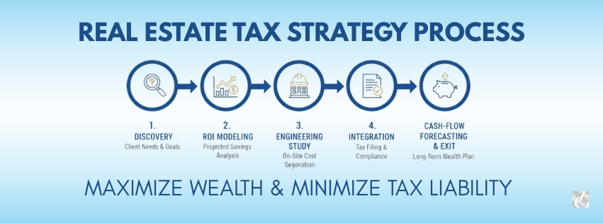 Infographic showing the real estate tax strategy process with five steps — discovery, ROI modeling, engineering study, integration, and cash-flow forecasting and exit — under the tagline ‘Maximize Wealth and Minimize Tax Liability.