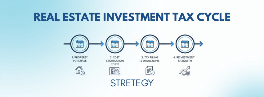 Infographic illustrating the real estate investment tax cycle with four steps — property purchase, cost segregation study, tax filing and deductions, and reinvestment and growth — representing a continuous tax-saving strategy for investors.