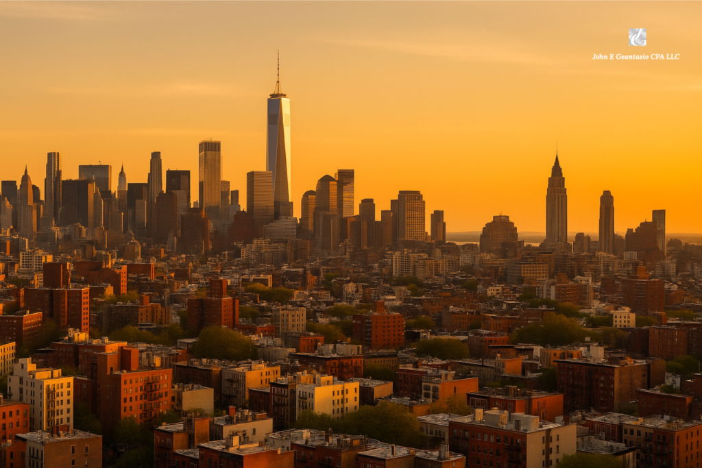 New York City skyline showing contrast between luxury towers and working-class neighborhoods, representing income inequality and tax policy debate.
