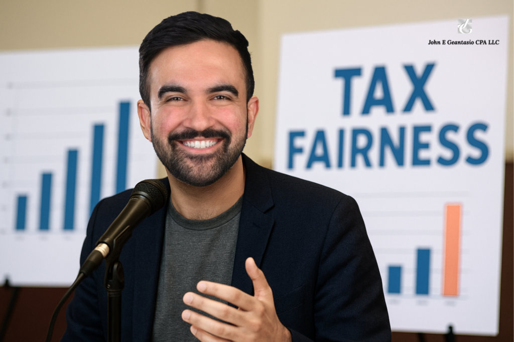 Zohran Mamdani speaking at a New York community event about his proposed tax plan for fairness and affordability.