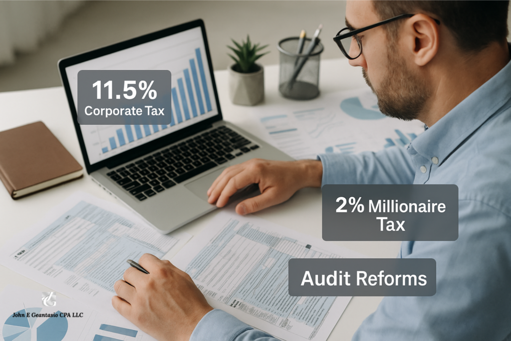 Financial advisor analyzing tax rate charts and policy projections, symbolizing review of Mamdani’s corporate and millionaire tax proposals.