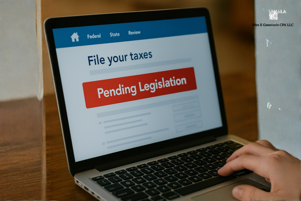Person viewing online tax-filing software on laptop, highlighting that Mamdani’s tax plan is not yet enacted or usable.