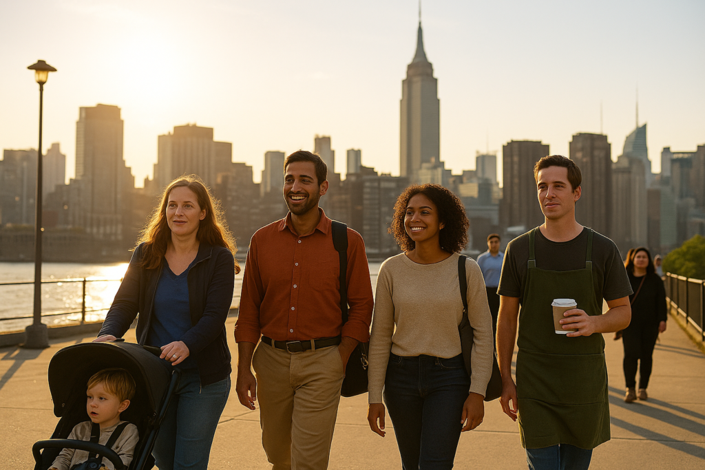New York residents walking through the city at sunrise, symbolizing hope for a fairer and more affordable future.