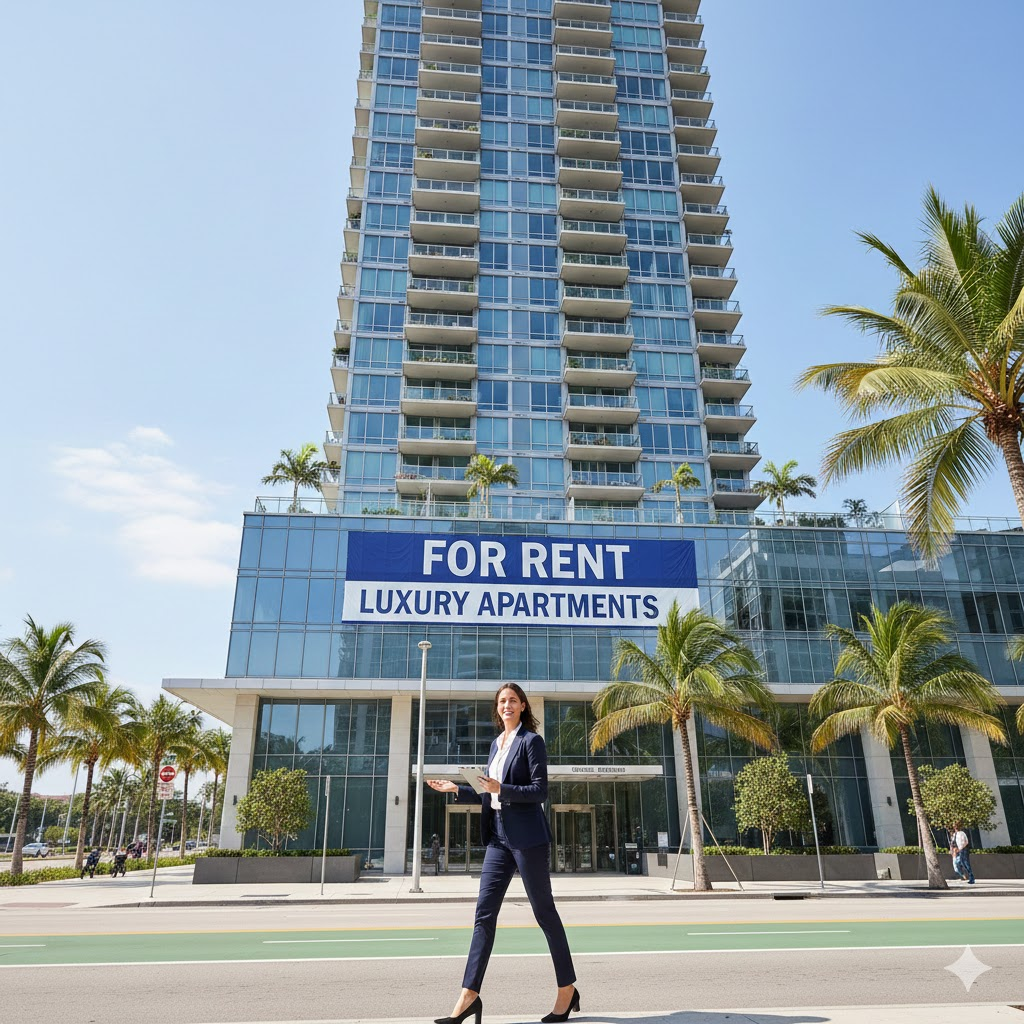 “Modern high-rise building with a large ‘For Rent – Luxury Apartments’ sign on the facade, palm trees in front, and a businesswoman walking across the street in daylight.”