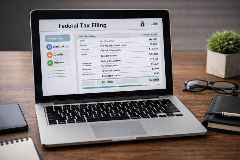 Laptop displaying a secure federal tax filing dashboard with income, deductions, credits, and refund summary on a desk with notebook, glasses, and office accessories.