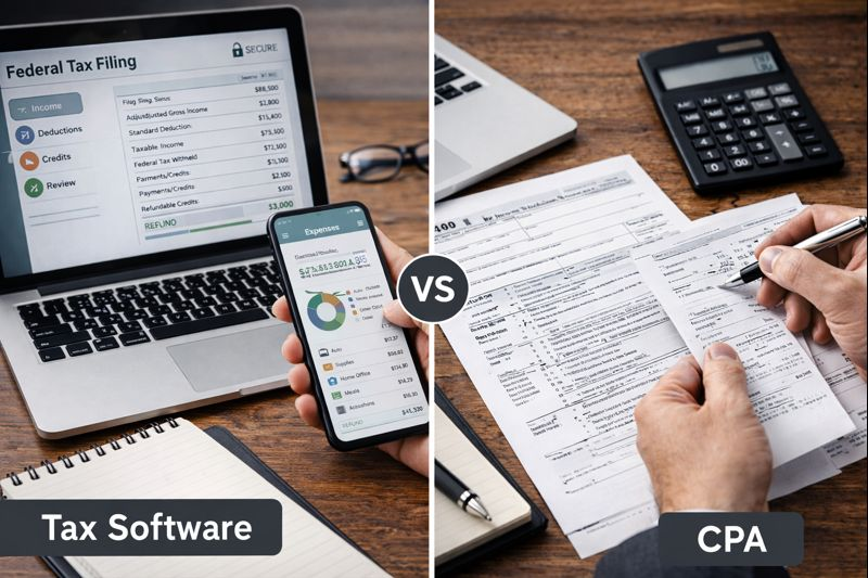 Comparison of tax software versus CPA tax preparation, with digital filing tools on one side and manual review of federal tax forms on the other.