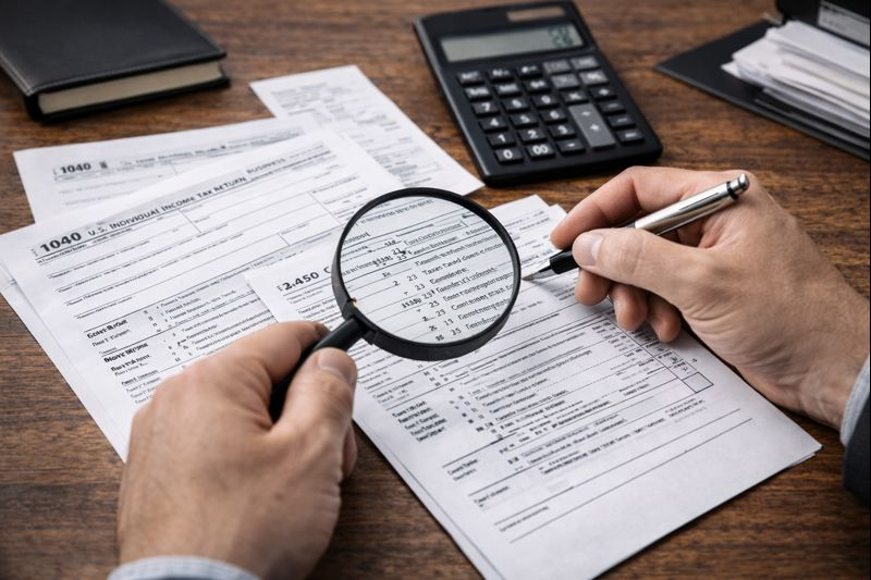 Hands reviewing federal tax forms with a magnifying glass and pen on a desk, showing careful examination of income and deduction details.