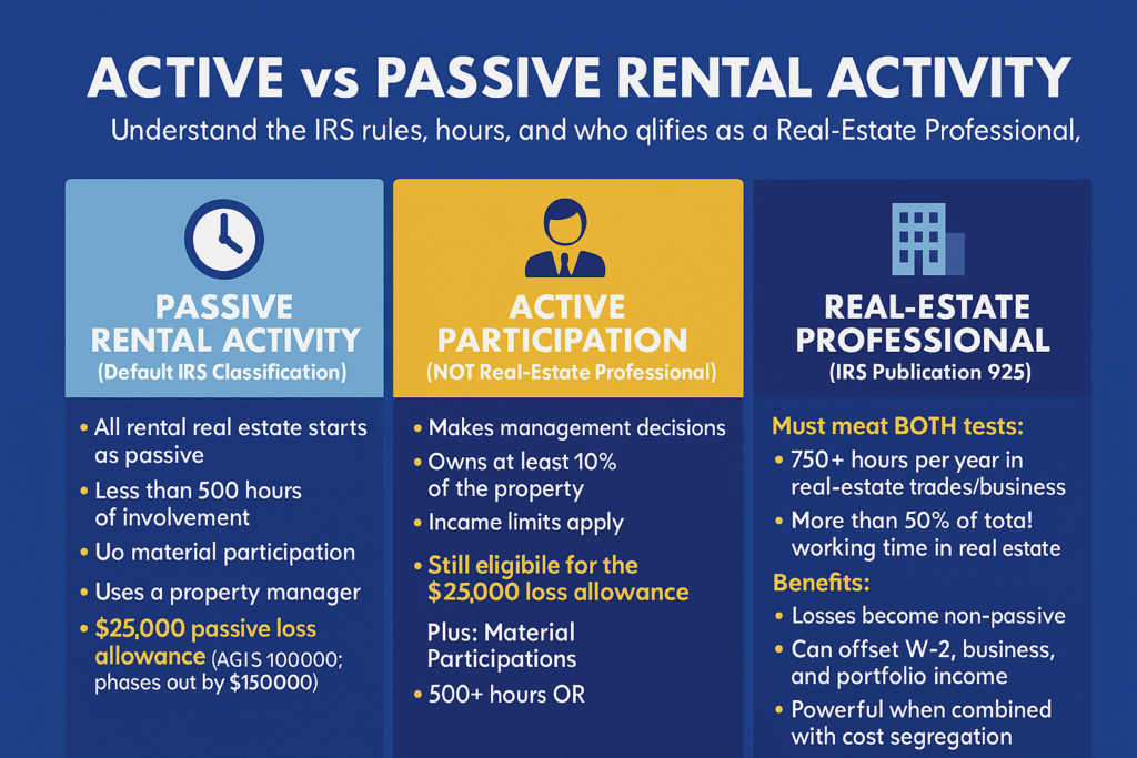 “Infographic titled ‘Active vs Passive Rental Activity’ explaining IRS rules, comparing passive rental activity, active participation, and real-estate professional status, with bullet points on hours, ownership requirements, and tax benefits.”