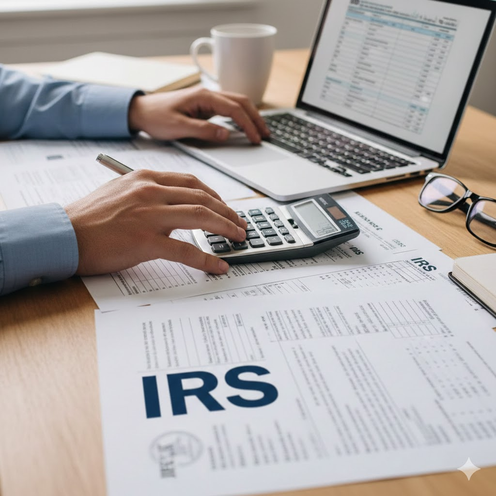 “Close-up of a person calculating numbers with a calculator at a desk, surrounded by IRS tax forms, a laptop displaying spreadsheets, and paperwork related to tax preparation.”