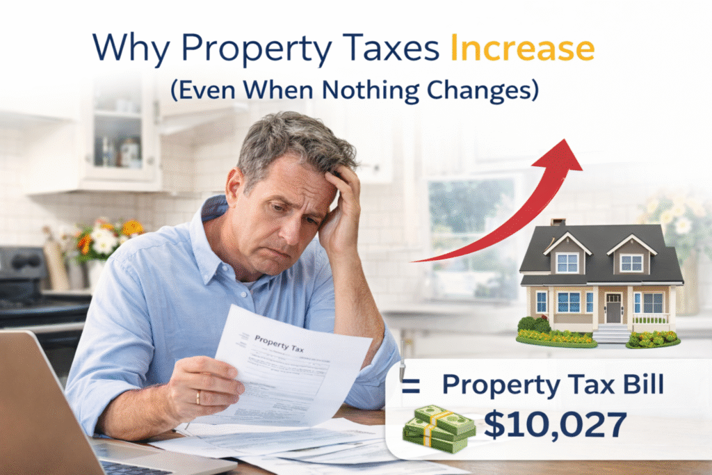 “Homeowner reviewing a property tax bill at a kitchen table while a graphic shows a home value rising, explaining why property taxes increase even when nothing changes in Spring Lake.”