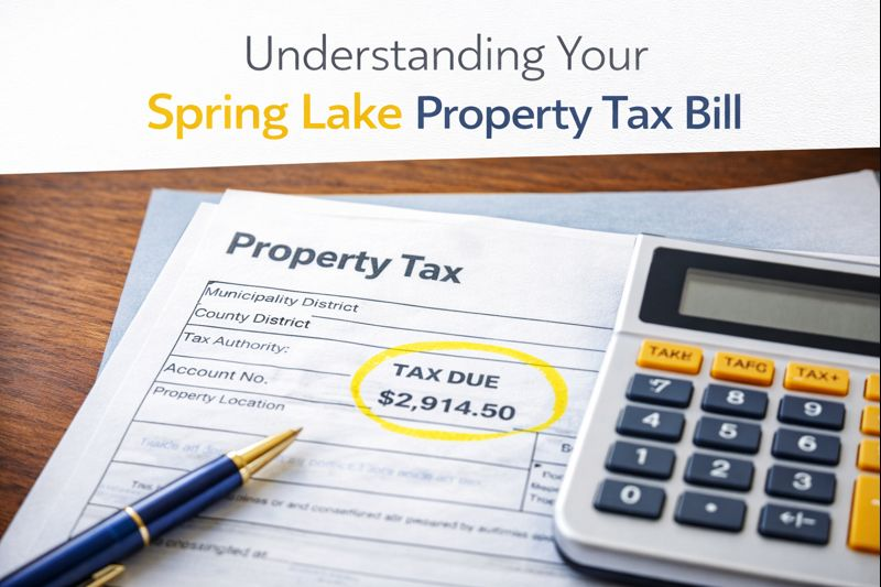 “Close-up of a Spring Lake property tax bill showing a highlighted tax due amount alongside a calculator and pen on a desk.”
