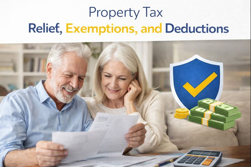 “Senior couple reviewing property tax documents at home with icons representing property tax relief, exemptions, and deductions.”