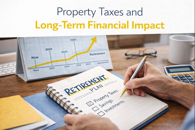 “Homeowner planning long-term finances with a retirement notebook, calculator, and chart showing how property taxes impact future financial stability.”