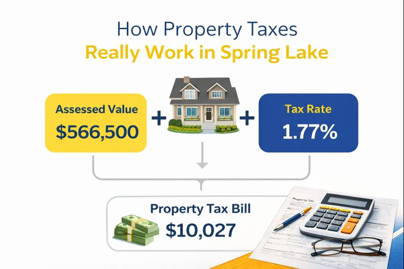 “Diagram showing how property taxes work in Spring Lake, NJ, combining a home’s assessed value of $566,500 and a 1.77% tax rate to calculate a $10,027 annual property tax bill.”
If you want a slightly shorter version for accessibility tools, use this: