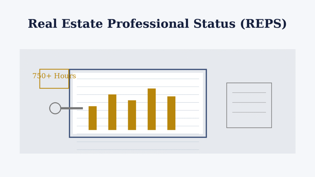 Modern desk scene showing an open laptop with financial spreadsheets, rental property keys, legal documents, and a calendar marked “750+ Hours,” representing Real Estate Professional Status (REPS) tax qualification and active investor involvement.