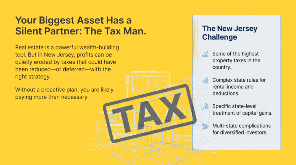 Graphic explaining New Jersey real estate tax challenges, highlighting high property taxes, complex rental income rules, state treatment of capital gains, and multi-state investor complications.