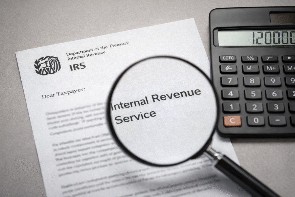 Close-up image of an IRS-style notice letter on a clean desk with a calculator and magnifying glass, representing tax return review and potential refund processing delays.