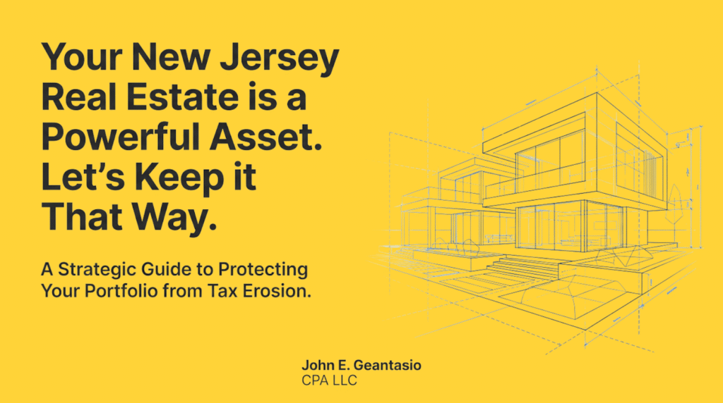 Cover image reading “Your New Jersey Real Estate is a Powerful Asset. Let’s Keep it That Way.” Featuring a modern architectural line drawing and subtitle “A Strategic Guide to Protecting Your Portfolio from Tax Erosion” by John E. Geantasio CPA LLC.

If you want a shorter alt text (more accessibility-focused), use this instead:

New Jersey real estate tax planning guide cover by John E. Geantasio CPA LLC with architectural illustration.