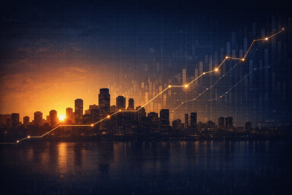 City skyline at sunset with deep navy tones and warm gold highlights, featuring a subtle upward line graph and faint financial grid overlay, symbolizing long-term wealth growth, stability, and generational legacy planning.