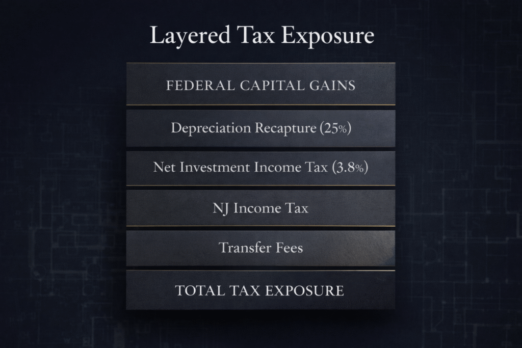 Premium dark navy infographic titled “Layered Tax Exposure” showing stacked horizontal layers labeled Federal Capital Gains, Depreciation Recapture (25%), Net Investment Income Tax (3.8%), NJ Income Tax, and Transfer Fees, illustrating combined total tax exposure for real estate investors.